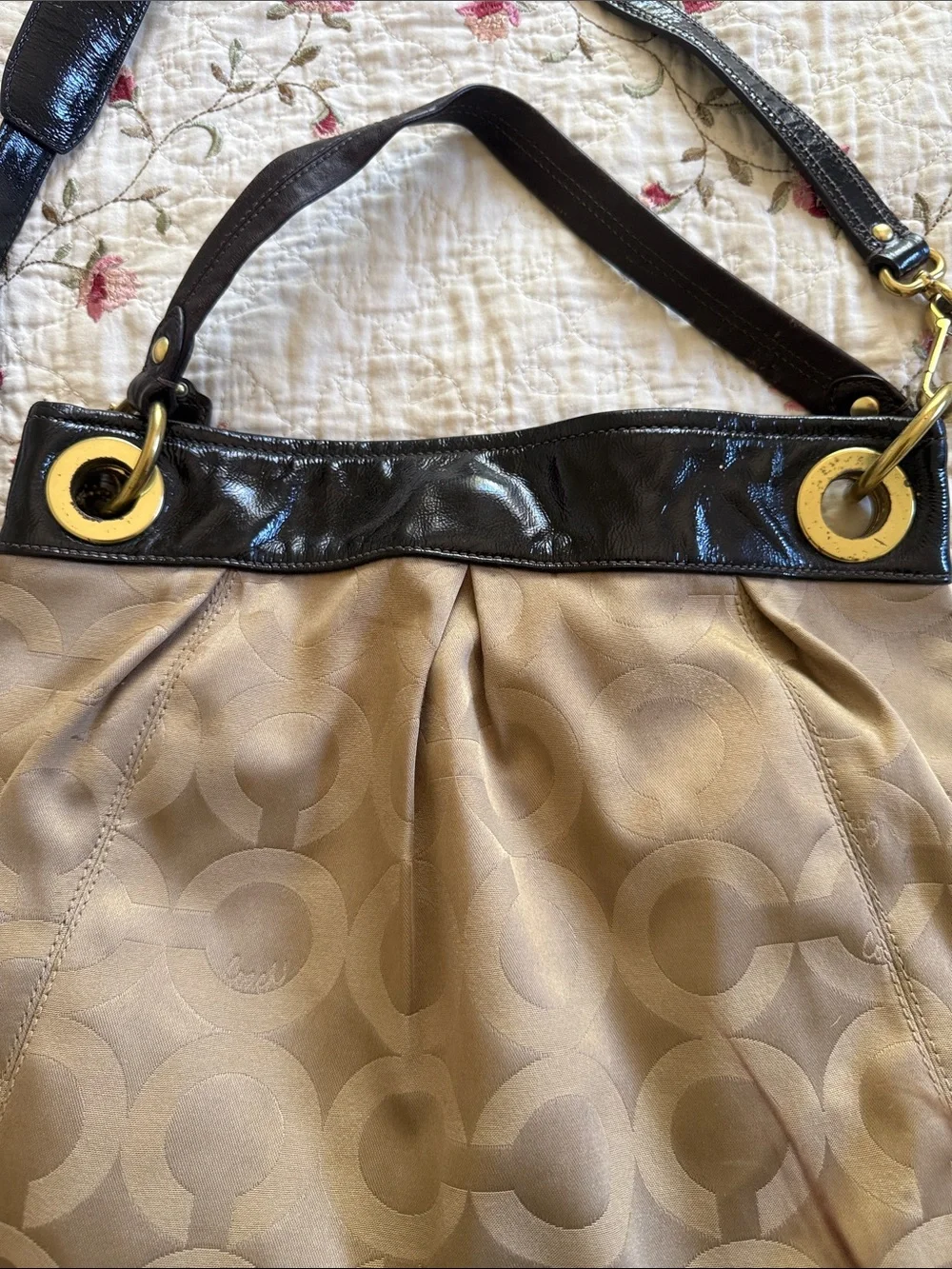 Coach Beige Signature Canvas Shoulder Bag with Black Patent Trim